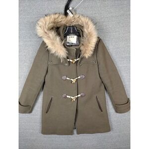 VTG Lily Womens Coat Medium‎ Green Brown Wool Toggle Duffle Jacket Fur Hood